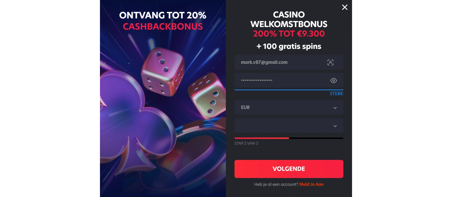 Begin met registreren bij 1Red Casino